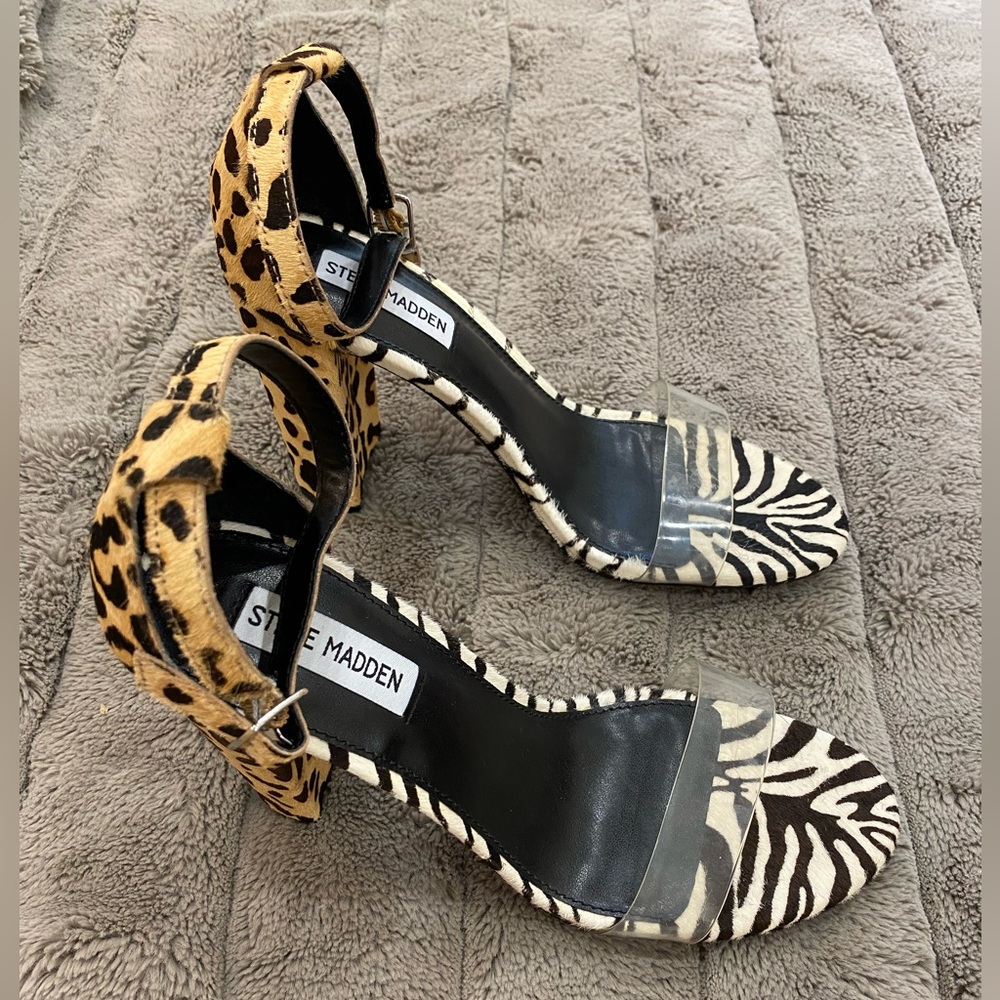 Steve Madden Multi Animal Print Calf Hair Ankle Strap Block Heels, Size 9